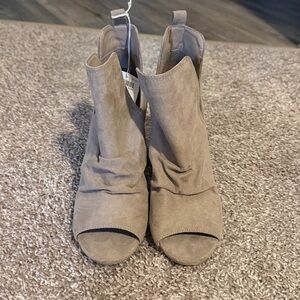 Tan Suede Peep Toe Ankle Boots